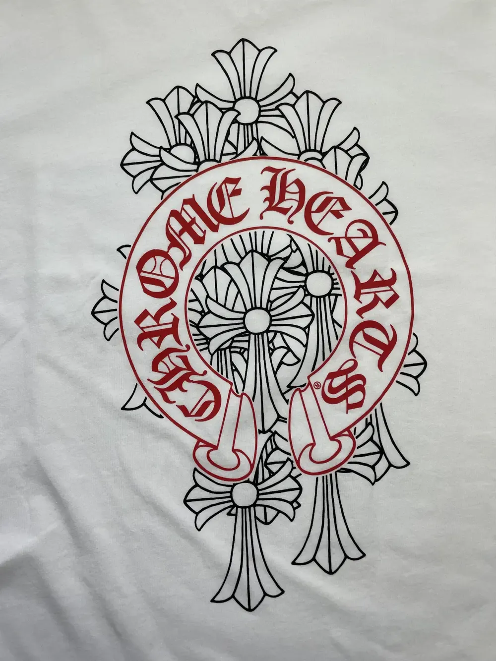 Cemetery Chrome Hearts Cross Red Horseshoe Tee White view 3