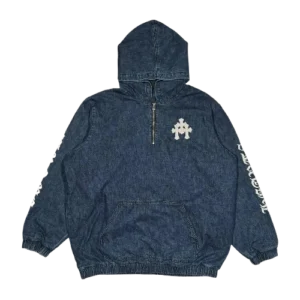 Chrome Hearts Triple White Cross Patch Half Zip Denim Hoodie