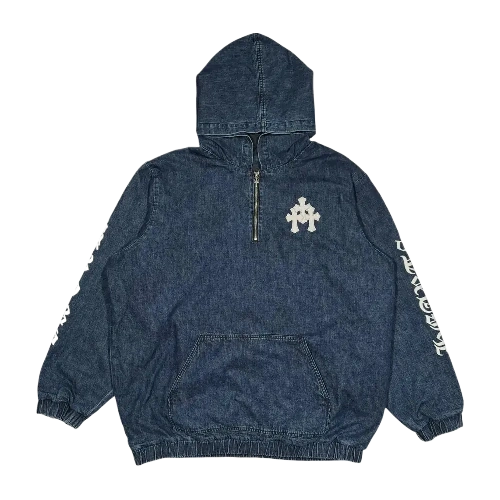 Chrome Hearts Triple White Cross Patch Half Zip Denim Hoodie