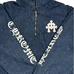 Chrome Hearts Triple White Cross Patch Half Zip Denim Hoodie view 3