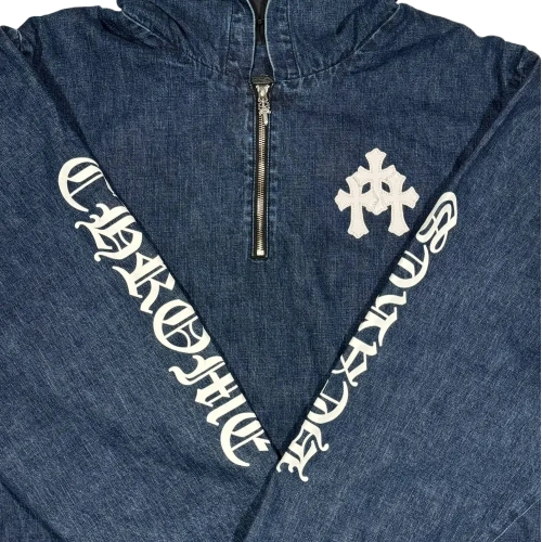Chrome Hearts Triple White Cross Patch Half Zip Denim Hoodie view 3