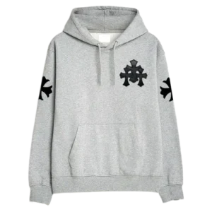 Leather Cross Patches Grey Pullover Chrome Hearts Hoodie