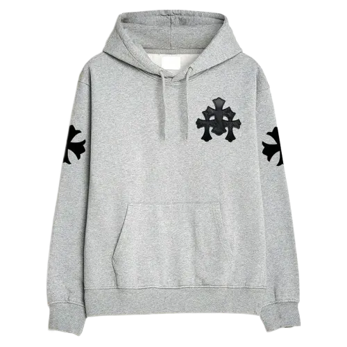 Leather Cross Patches Grey Pullover Chrome Hearts Hoodie