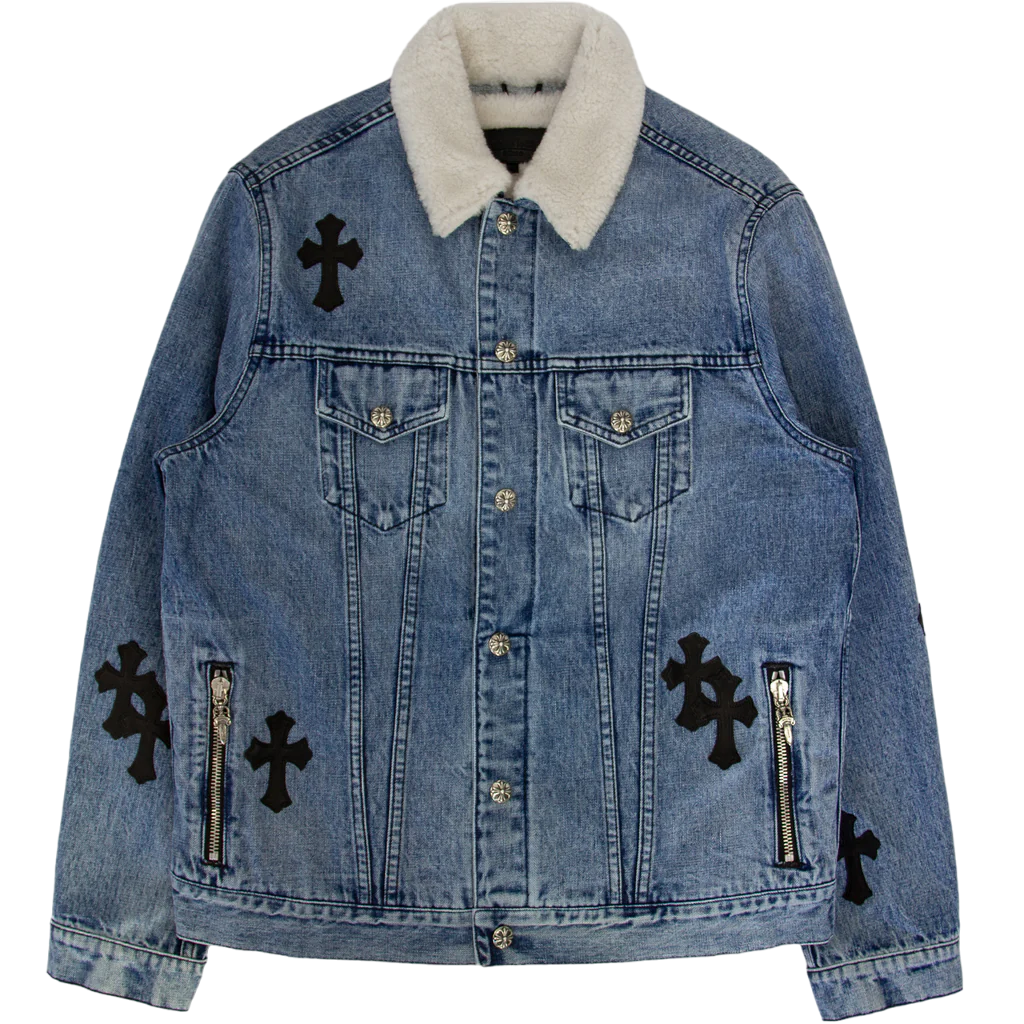 Leather Patch Shearling Blue Denim Trucker | Chrome Hearts