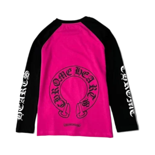 Bold Chrome Hearts White Neck Logo Baseball Long Sleeve Pink Tee