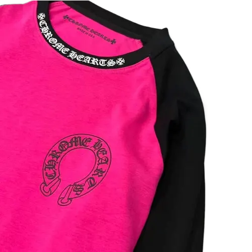 Bold Chrome Hearts White Neck Logo Baseball Long Sleeve Pink Tee view 4