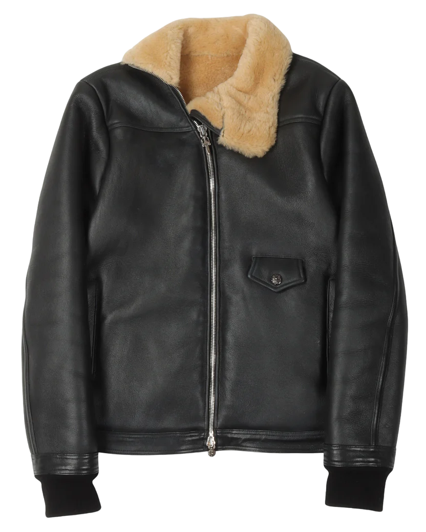 Shearling Leather Bomber Jacket With Fur Collar | Chrome Hearts