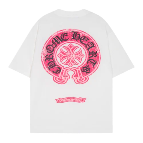 Casual Pink Chrome Hearts logo Black Tee with Dropped Sleeves