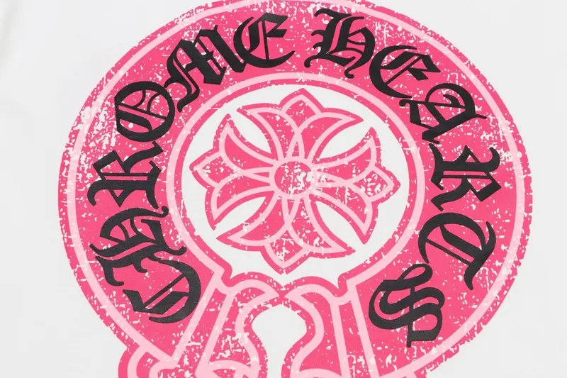 Casual Pink Chrome Hearts logo Black Tee with Dropped Sleeves view 4