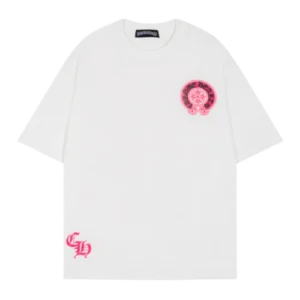 Casual Pink Chrome Hearts logo Black Tee with Dropped Sleeves view 2